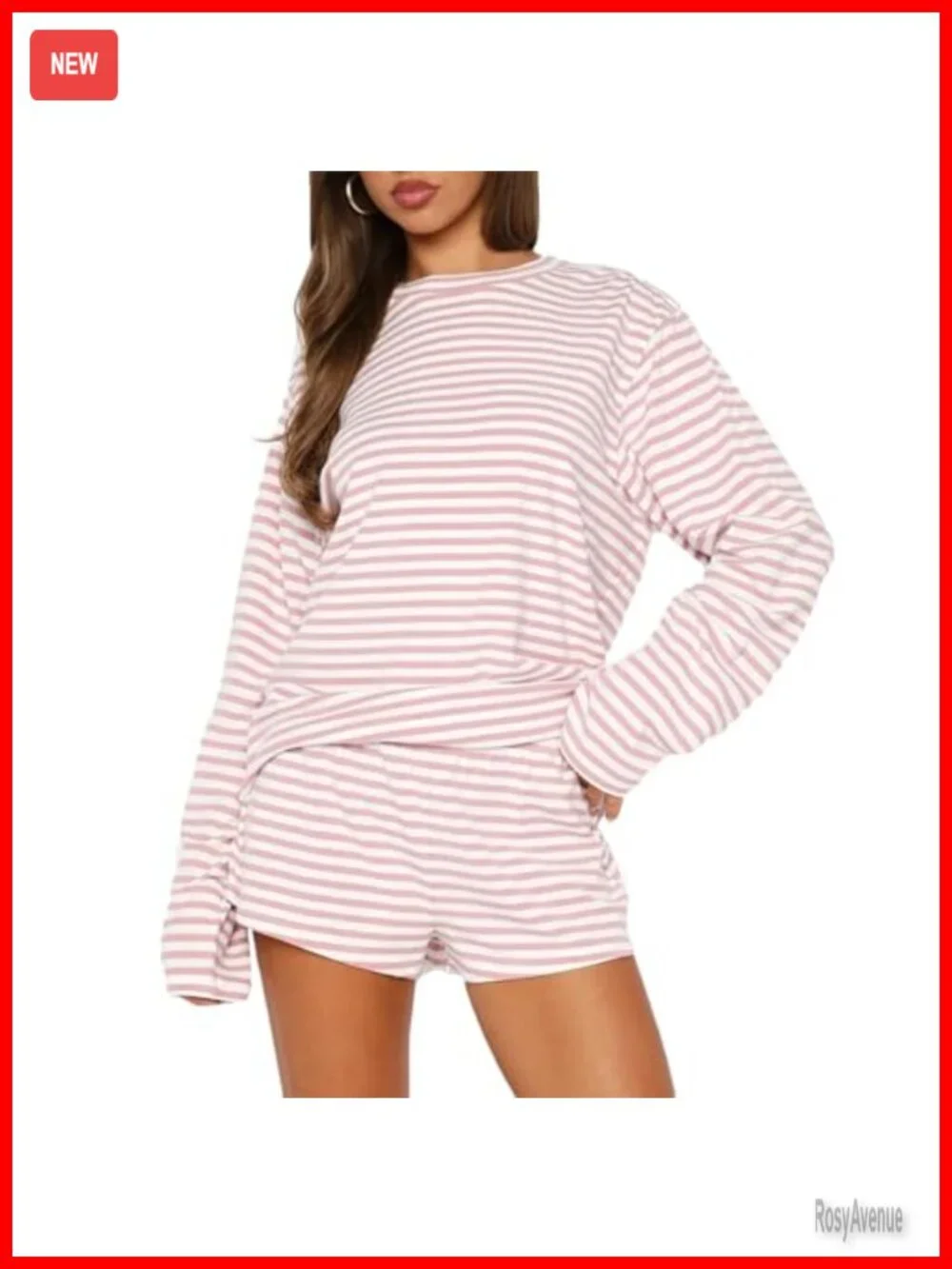 Women's Striped Pajama Set Long Sleeve Crewneck Top & Shorts Lounge Set